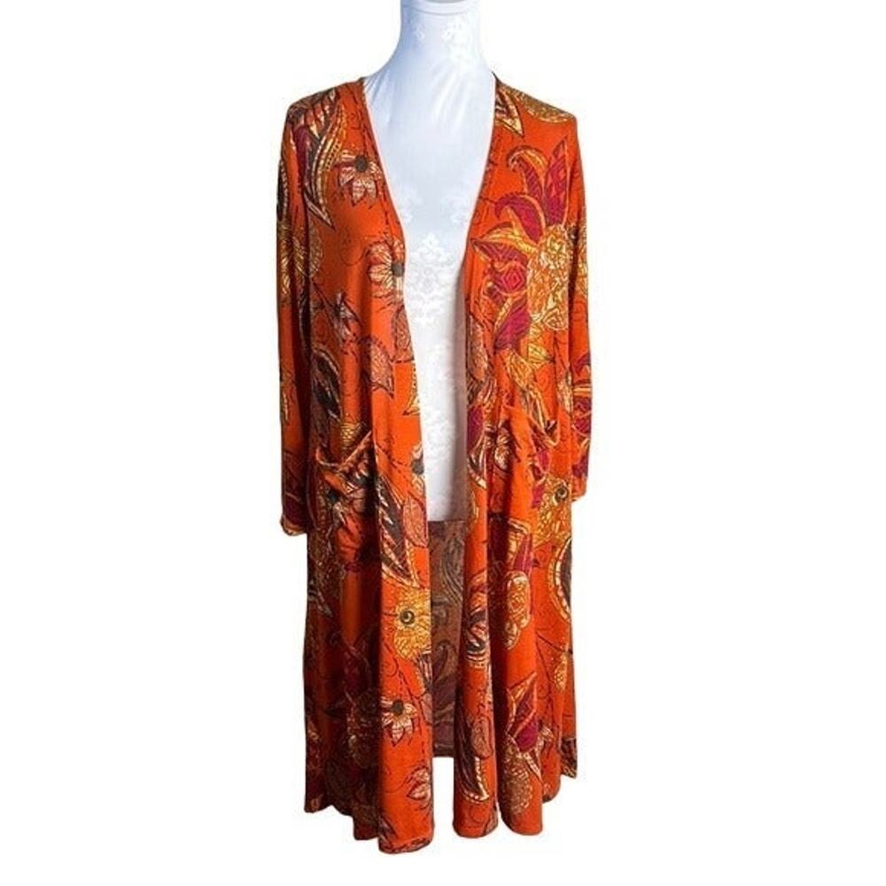 S Cardigan Long Duster Pockets Burnt Orange Floral Boho LulaRoe Sarah Fall NWT